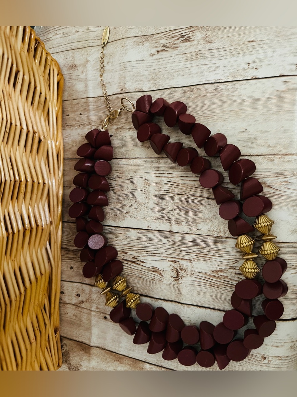 Statement Burgundy Beaded Necklace with Gold Accents*Plunder*New